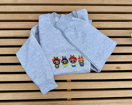 Toy Story-Inspired Labubu Sweatshirt – Embroidered Cowboy Bunny Crew | Gray Cozy Pullover | Kawaii Pixar Aesthetic