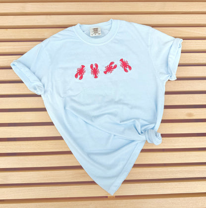 Light Blue Unisex Embroidered Lobster Tee | Coastal Chic Summer Shirt | Gender Neutral Trendy Top