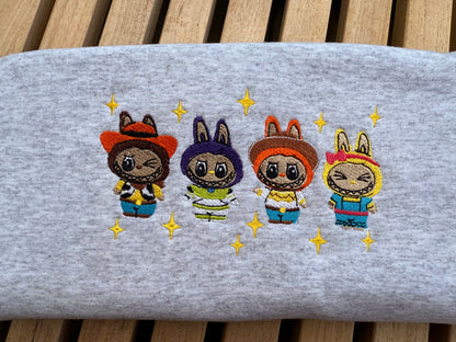 Toy Story-Inspired Labubu Sweatshirt – Embroidered Cowboy Bunny Crew | Gray Cozy Pullover | Kawaii Pixar Aesthetic