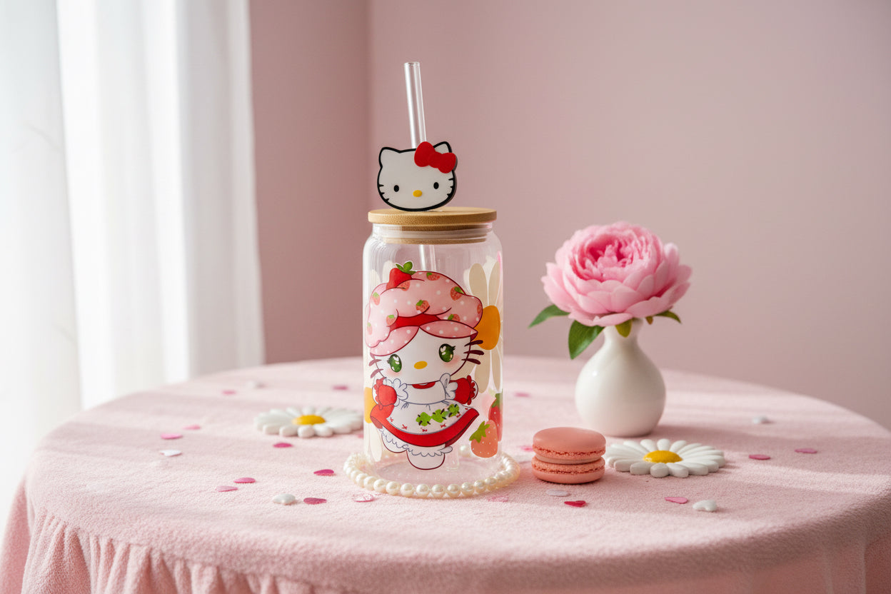 Hello Strawberry Kitty glass can cup