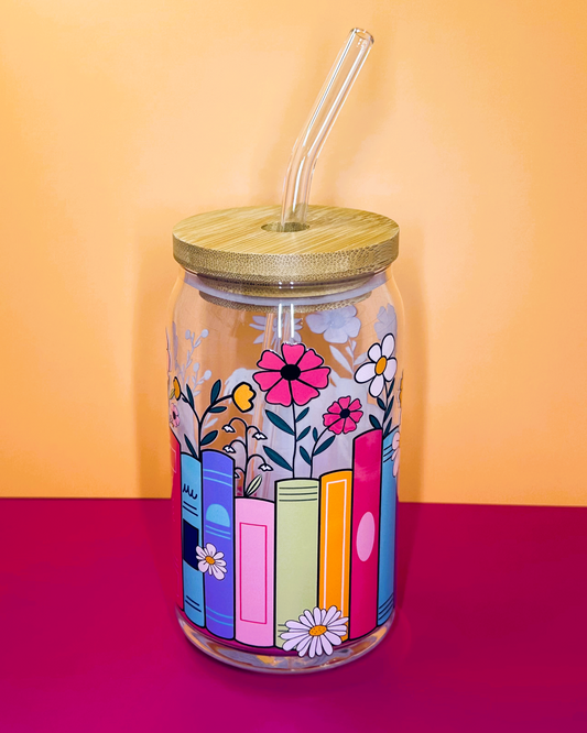 PRETTY FLORAL BOOKS GLASS CUP