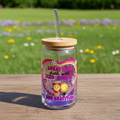 Great Days starts with Iced Coffee and Gratitude Glass Cups